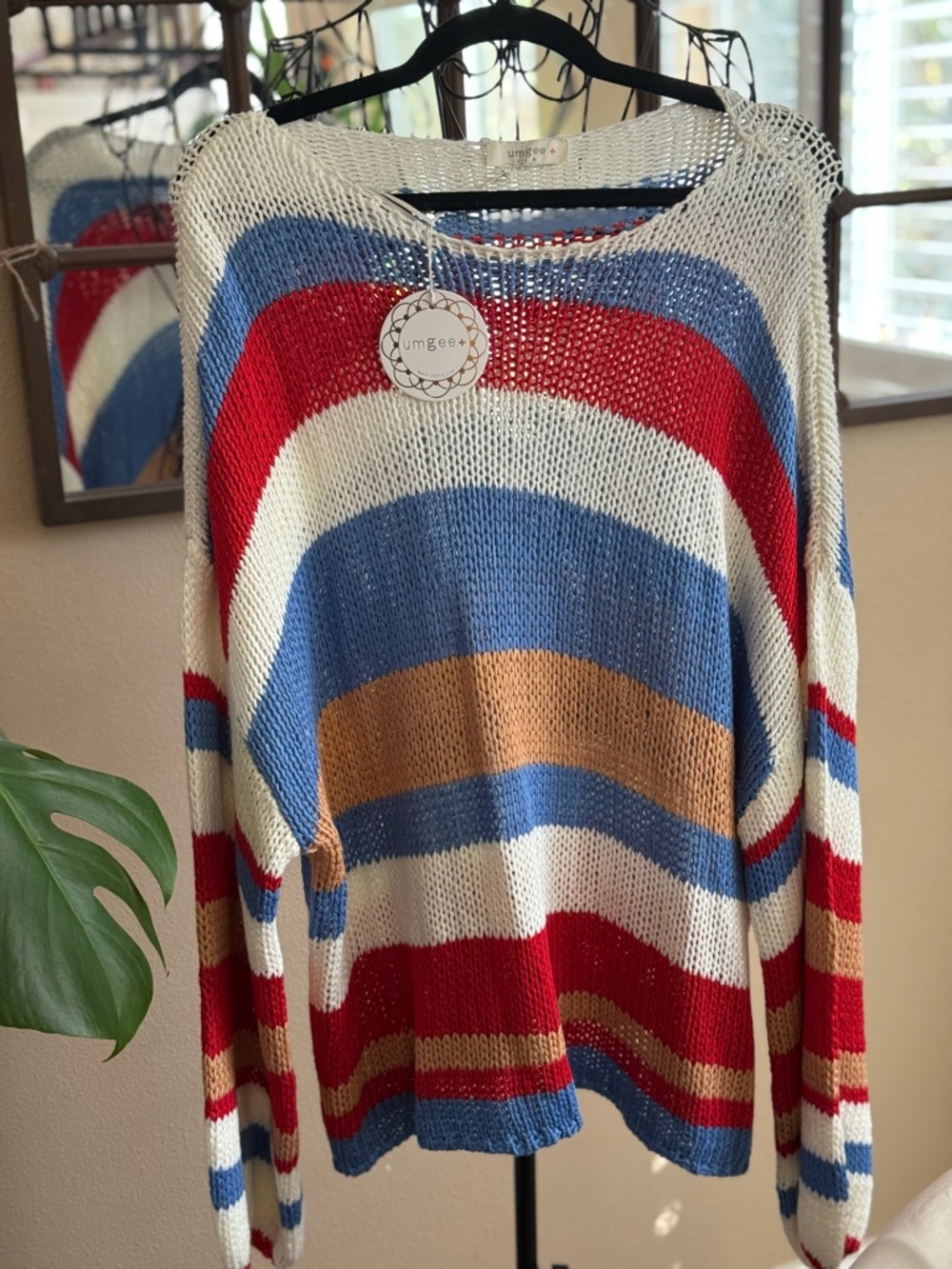 Umgee Open-Knit Striped Crew Sweater